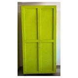G - Large Neon Green Painted Wooden Storage Cabinet with Shelves on Casters