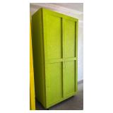 G - Large Neon Green Painted Wooden Storage Cabinet with Shelves on Casters