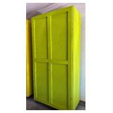 G - Large Neon Green Painted Wooden Storage Cabinet with Shelves on Casters