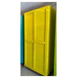 G - Large Yellow Painted Wooden Storage Cabinet with Shelves and Double Doors