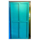 G - Large Turquoise Painted Wooden Storage Cabinet with Shelves on Casters