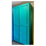 G - Large Turquoise Painted Wooden Storage Cabinet with Shelves on Casters
