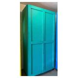 G - Large Turquoise Painted Wooden Storage Cabinet with Shelves on Casters