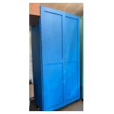 Large Blue Painted Wooden Storage Cabinet on Casters