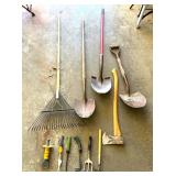 G - Yard Tool Collection with Rake, Shovels, Axe, and Garden Hand Tools