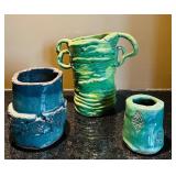ML - Set of 3 Handcrafted Glazed Pottery Vases and Vessels, Tallest 8 Inches
