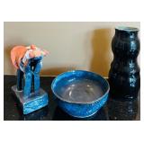 ML - Handmade Pottery Collection with Abstract Horse, Blue Bowl, and 10-Inch Vase