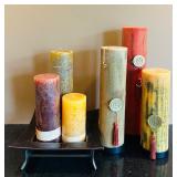LR - Set of 6 Decorative Pillar Candles with Tray and Medallions