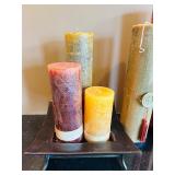 LR - Set of 6 Decorative Pillar Candles with Tray and Medallions