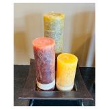 LR - Set of 6 Decorative Pillar Candles with Tray and Medallions