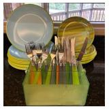 K - Colorful Melamine Dinnerware Set with Flatware, Placemats, Pitcher, and Bowl