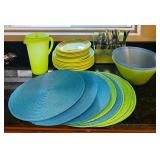 K - Colorful Melamine Dinnerware Set with Flatware, Placemats, Pitcher, and Bowl