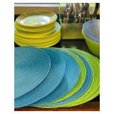 K - Colorful Melamine Dinnerware Set with Flatware, Placemats, Pitcher, and Bowl