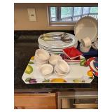 LR - Assorted Dinnerware and Serveware Collection with Plates, Bowls, and Trays