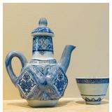 LR - Blue and White Porcelain Teapot and Cup Set with Floral Motif