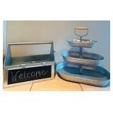 Galvanized Metal Organizer with Chalkboard and Bottle Opener and 3-Tier Serving Tray