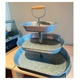 Galvanized Metal Organizer with Chalkboard and Bottle Opener and 3-Tier Serving Tray