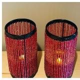 LL - Set of 2 Red Beaded Candle Holders and 2 Boxes 6-Pack LED Glow Candles