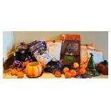 LL - Halloween Decor Lot with Witch Hat Door Decor, Spider Webs, Pumpkin Lights, and Accessories
