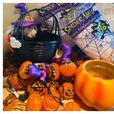 LL - Halloween Decor Lot with Witch Hat Door Decor, Spider Webs, Pumpkin Lights, and Accessories