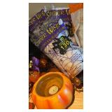 LL - Halloween Decor Lot with Witch Hat Door Decor, Spider Webs, Pumpkin Lights, and Accessories
