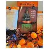 LL - Halloween Decor Lot with Witch Hat Door Decor, Spider Webs, Pumpkin Lights, and Accessories