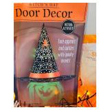 LL - Halloween Decor Lot with Witch Hat Door Decor, Spider Webs, Pumpkin Lights, and Accessories