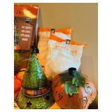 LL - Halloween Decor Lot with Witch Hat Door Decor, Spider Webs, Pumpkin Lights, and Accessories