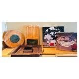 LL - Mixed Kitchen and Serveware Set: Wooden Boards, Wicker Tray with Bowl, Glass Serving Bowls