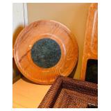 LL - Mixed Kitchen and Serveware Set: Wooden Boards, Wicker Tray with Bowl, Glass Serving Bowls