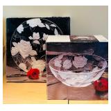 LL - Mixed Kitchen and Serveware Set: Wooden Boards, Wicker Tray with Bowl, Glass Serving Bowls