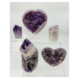 Amethyst lot including a 297 gm/10.4 oz. heart, a 131 gm/4.6 oz. heart, 296 gm/10.4 oz. rough Chevron tower, 125 gm/4.4 oz amethyst core and a 61 gm/2.2 oz polished point