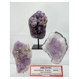 Amethyst Lot of 3-large geode on custom metal stand 1.5 kilo/3 lbs 4 oz., large geode plate 699 gm./1 lb. 9 oz. and a large geode plate 494 gm./1lb. 1 oz.