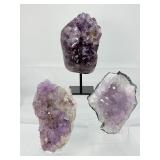 Amethyst Lot of 3-large geode on custom metal stand 1.5 kilo/3 lbs 4 oz., large geode plate 699 gm./1 lb. 9 oz. and a large geode plate 494 gm./1lb. 1 oz.