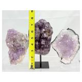 Amethyst Lot of 3-large geode on custom metal stand 1.5 kilo/3 lbs 4 oz., large geode plate 699 gm./1 lb. 9 oz. and a large geode plate 494 gm./1lb. 1 oz.