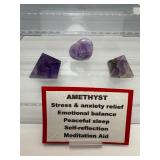 Amethyst 3 pc misc. lot: two small pyramids and small heart 72gm./2.5oz.