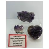 Amethyst lot of 3: deep purple heart 328 gm./11.6 oz., large deep purple geode piece 469 gm./1 lb., small geode piece 89 gm./3 oz.