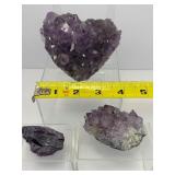 Amethyst Geode lot of 3: heart geode 328 gm./11.6 oz., geode piece 122 gm/4.3 oz., raw point 42 gm./1.5 oz.