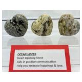 Ocean Jasper Lot of 3 Polished Hearts: 93 gm./3.3 oz., 91 gm./3.2 oz., 87 gm./3.1 oz