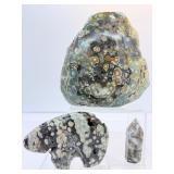Ocean Jasper Misc. Lot of 3: large one side polished slab 812 gm./1 lb 12.6 oz., Zuni Bear 187 gm./6.6 oz., and tower 22 gm./.8 oz.