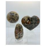 Ibis Jasper Polished Lot of 3: sphere 70mm 442 gm/1 lb. heart 394 gm./14 oz., large palmstone 152 gm./5.4 oz.