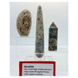 Ibis Jasper polished lot of 3: Freeform 368 gm./13 oz., obelisk 152 gm./ 5.4 oz., massage wand 123 gm./4.3 oz.