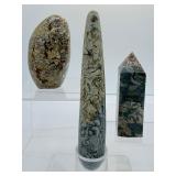 Ibis Jasper polished lot of 3: Freeform 368 gm./13 oz., obelisk 152 gm./ 5.4 oz., massage wand 123 gm./4.3 oz.