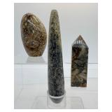 Ibis Jasper polished lot of 3: Freeform 368 gm./13 oz., obelisk 152 gm./ 5.4 oz., massage wand 123 gm./4.3 oz.