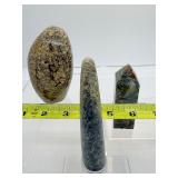 Ibis Jasper polished lot of 3: Freeform 368 gm./13 oz., obelisk 152 gm./ 5.4 oz., massage wand 123 gm./4.3 oz.