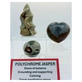 Polychrome Jasper polished set of 3: flame 220 gm./7.8 oz., heart 292 gm./ 10.3 oz., gallot 123 gm./4.3 oz.