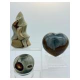 Polychrome Jasper polished set of 3: flame 220 gm./7.8 oz., heart 292 gm./ 10.3 oz., gallot 123 gm./4.3 oz.
