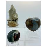 Polychrome Jasper polished set of 3: flame 220 gm./7.8 oz., heart 292 gm./ 10.3 oz., gallot 123 gm./4.3 oz.