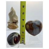 Polychrome Jasper polished set of 3: flame 220 gm./7.8 oz., heart 292 gm./ 10.3 oz., gallot 123 gm./4.3 oz.