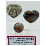 Polychrome Jasper Polished Lot of 3: heart 320gm/11.3oz., heart 274gm/9.7oz. and small sphere 46mm 135gm/4.6oz.